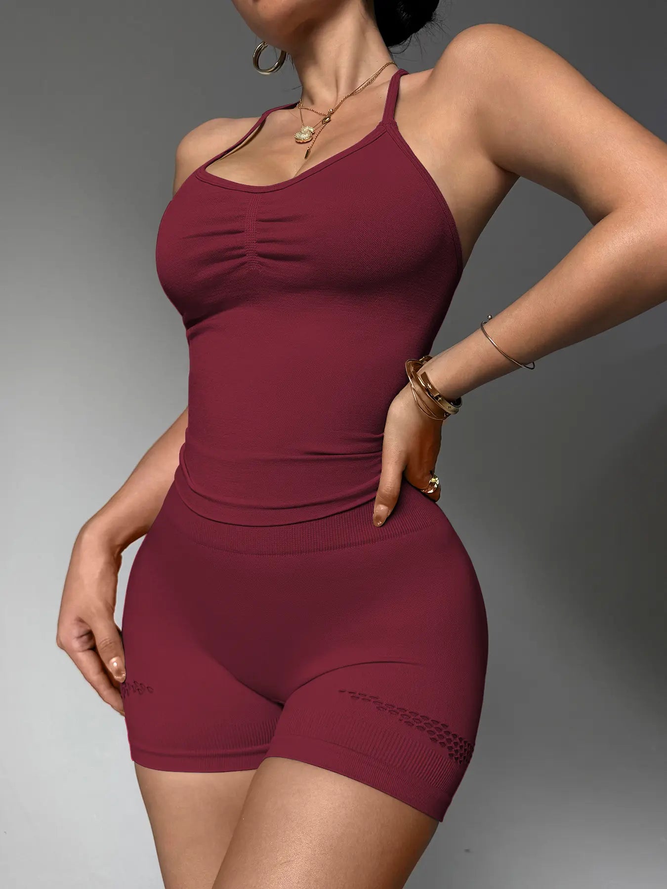 Women'S Padded Halter Workout Set – Push-Up Ruched Top & Butt-Lifting Shorts, Yoga & Gym Activewear